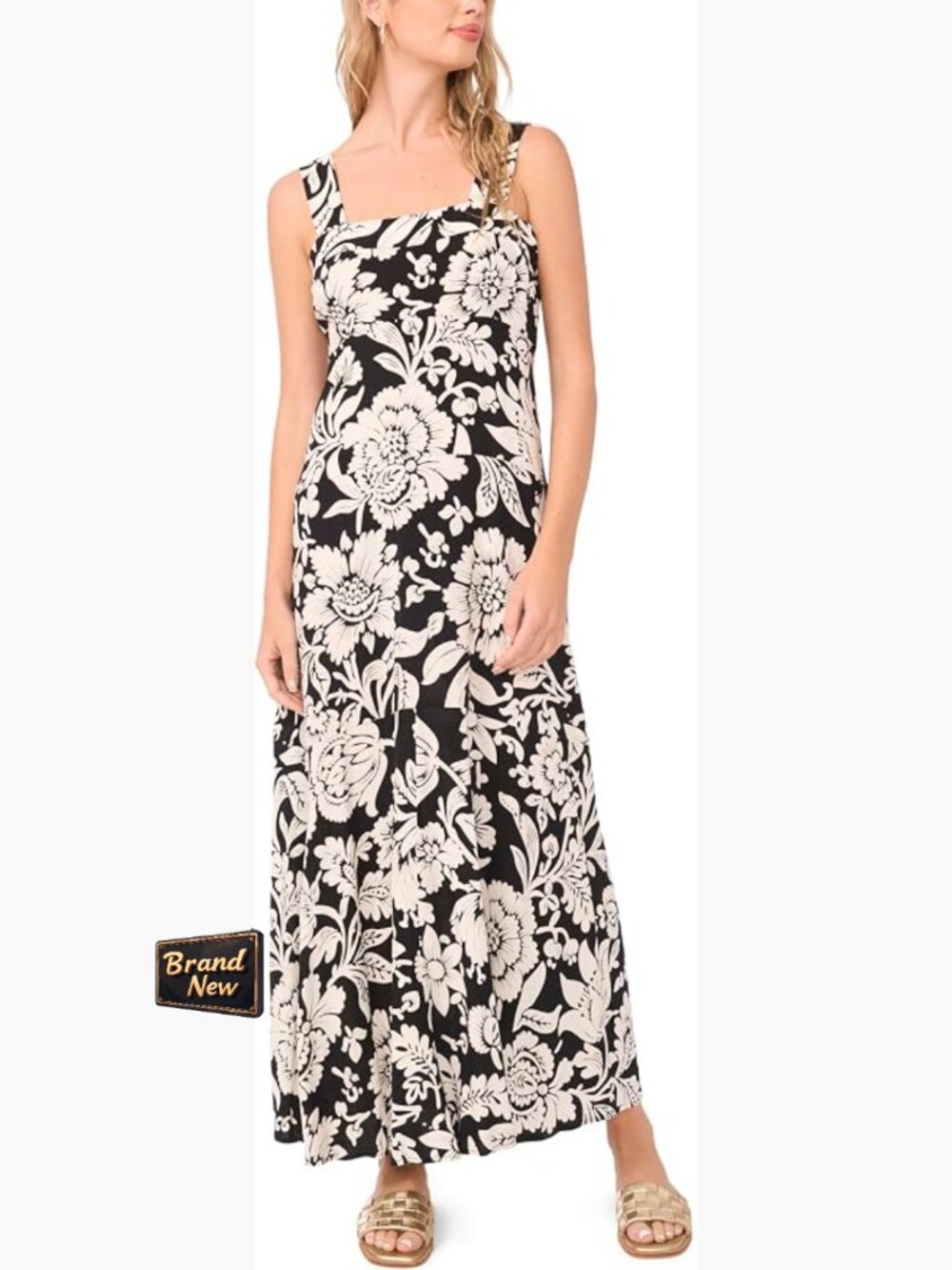 Vince Camuto Thick Strap Floral Maxi Dress Square Neck Sleeveless Rayon
